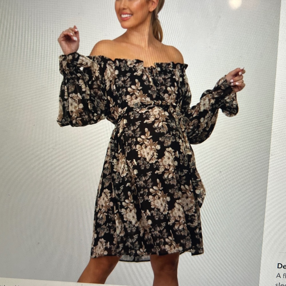 Size large NWOT Black Floral Chiffon Off Shoulder Tied Waist Maternity Dress
